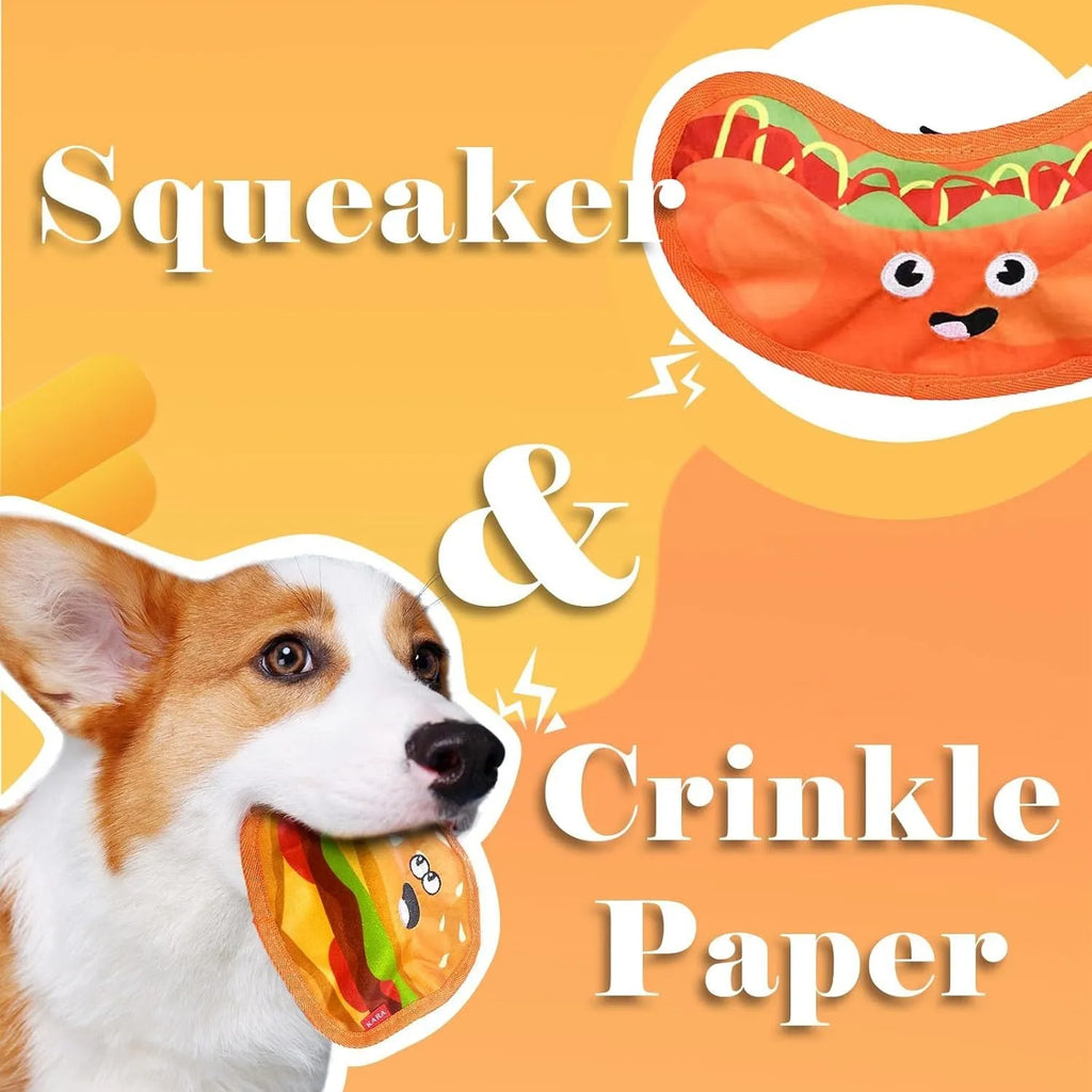 Hamburger-shaped crinkle and squeaky dog toys without stuffing for safe interactive play