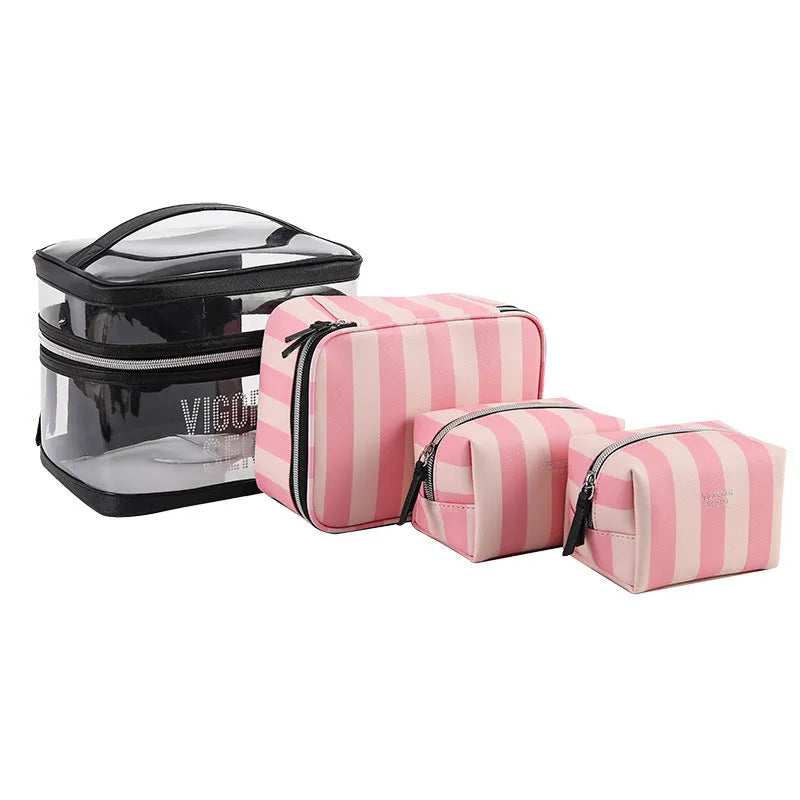 Pink bold stripes waterproof makeup bag with floral design in European American retro style
