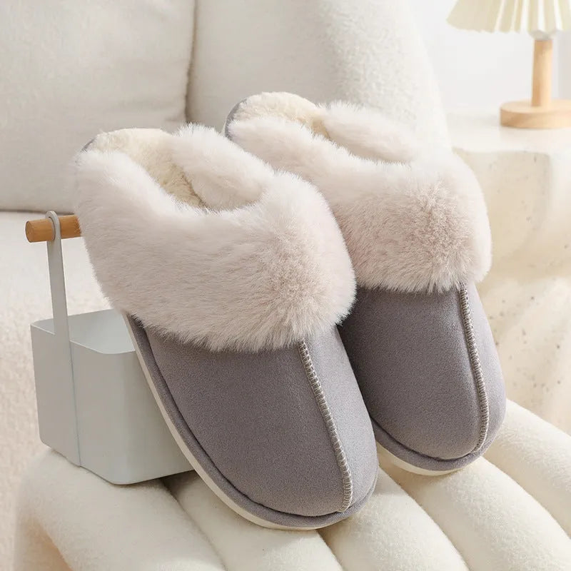 Women's brown plush indoor slippers with round toe design and non-slip PVC soles