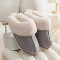 Women's brown plush indoor slippers with round toe design and non-slip PVC soles