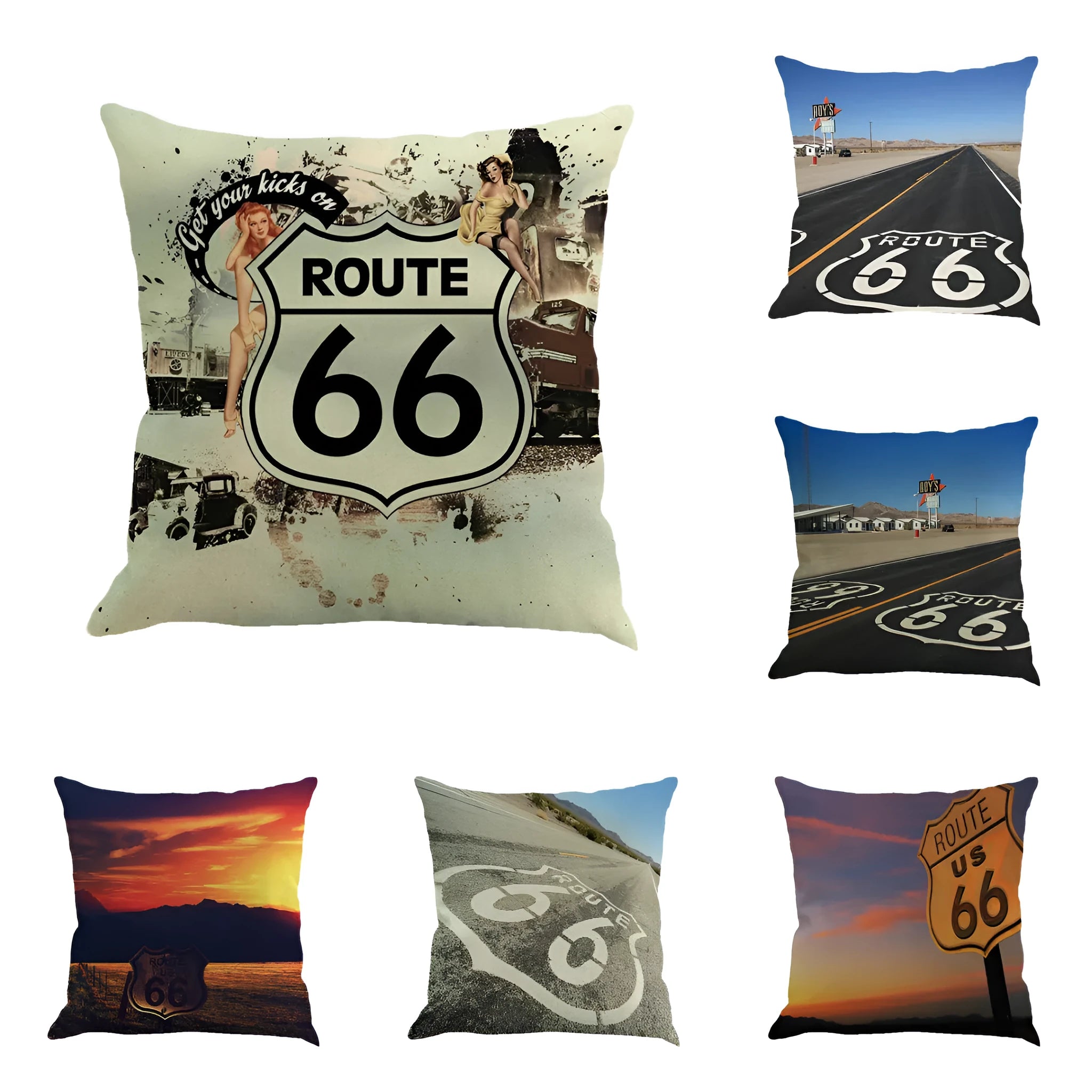 Route 66 landscape pattern on a 45x45 cm linen and cotton blend cushion cover.