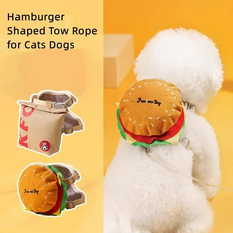 Cartoon hamburger design adjustable vest harness and lead set for pets with escape-proof construction