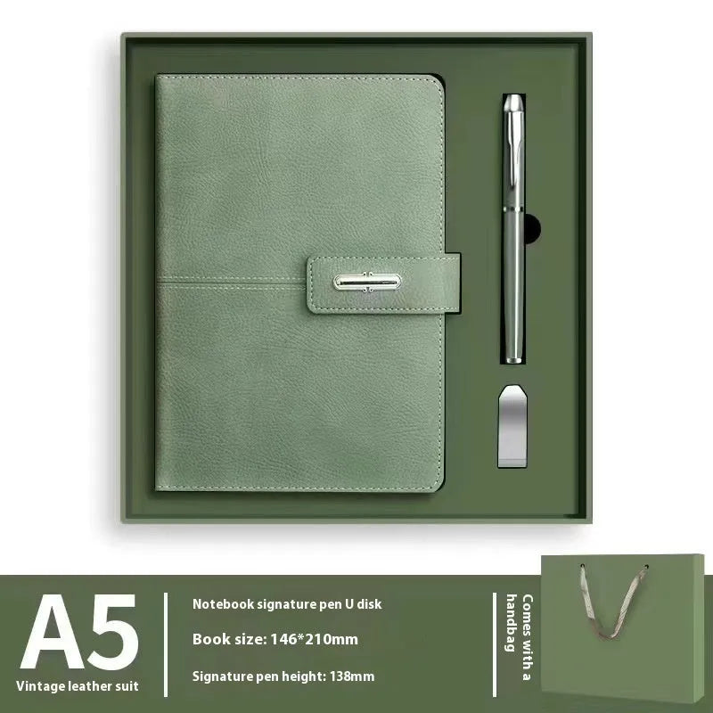A5 notebook with imitation leather cover in multiple colour options including black, red, green, blue, and orange.