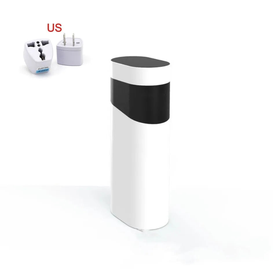 Black or green small instant water dispenser with digital display on a desktop.
