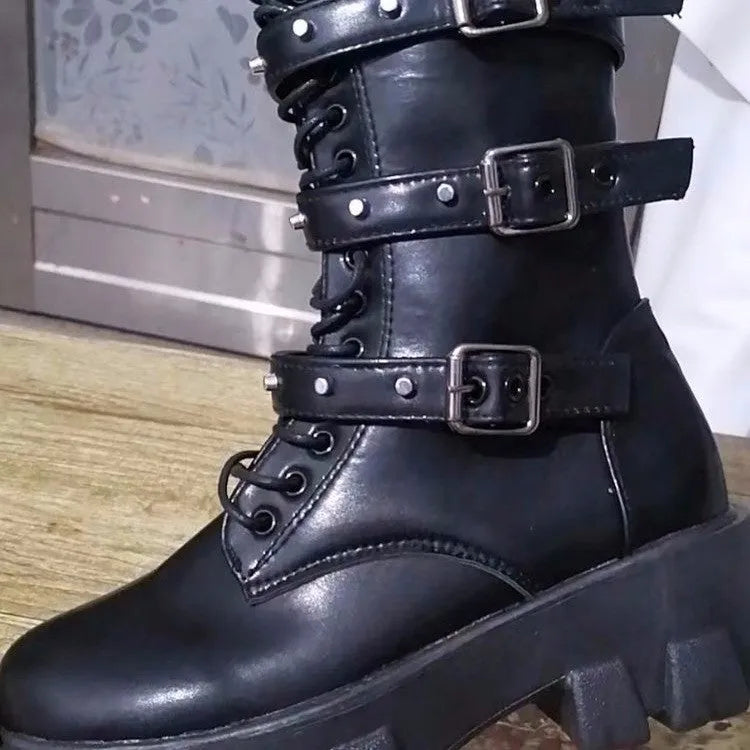 Women's black mid-calf knight boots with metal buckle and side zipper detail