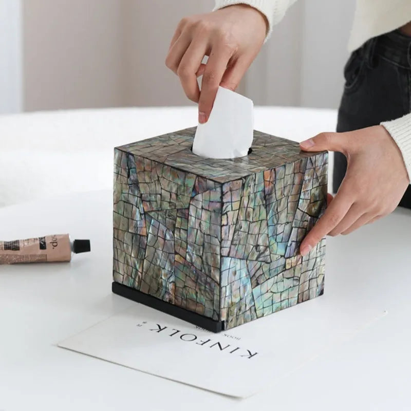 Natural shell tissue box with removable organisation compartments in modern simplicity design