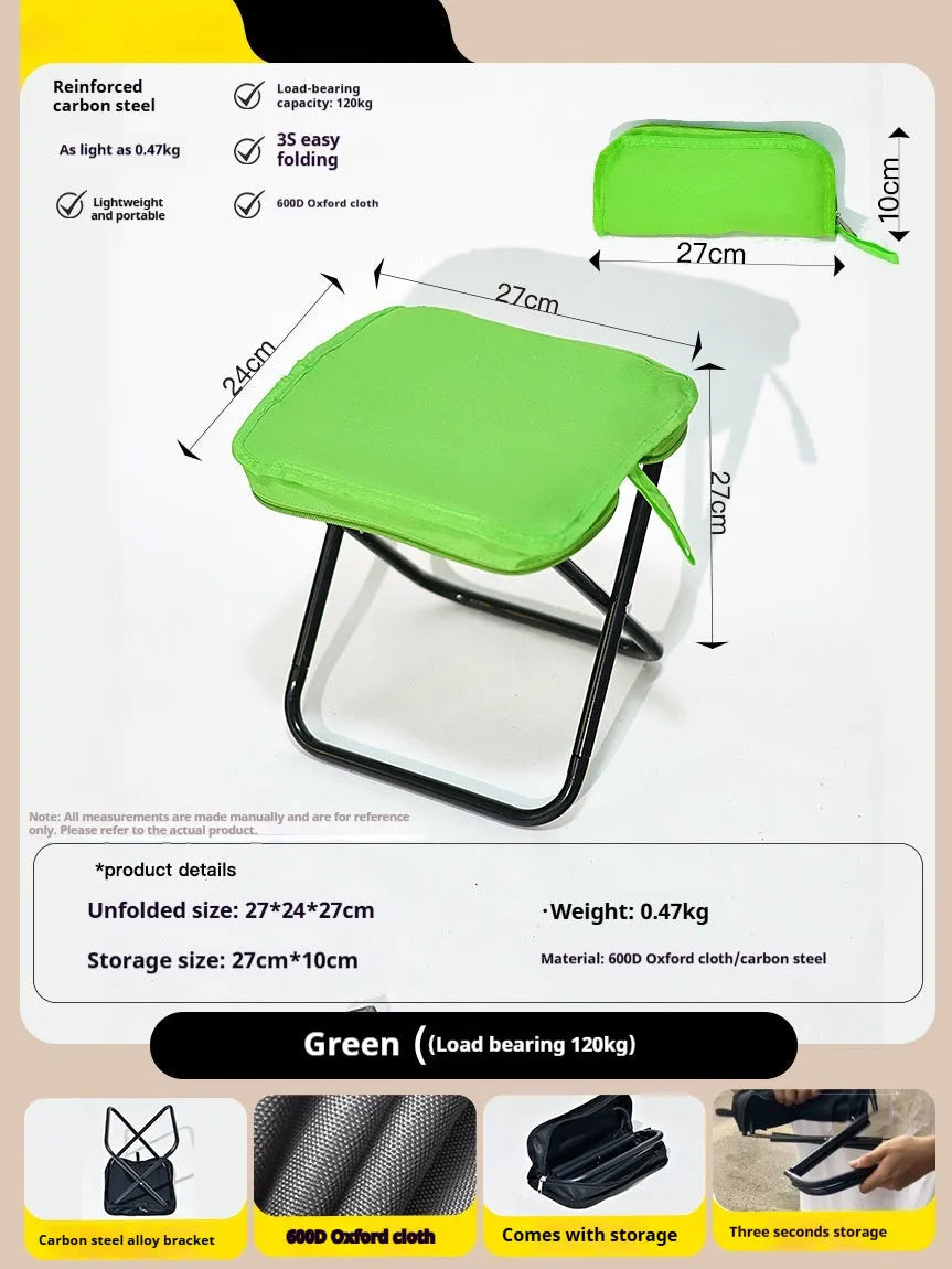 Foldable outdoor camp stool in Oxford cloth shown in a khaki colour, collapsed in its flat pencil box design.
