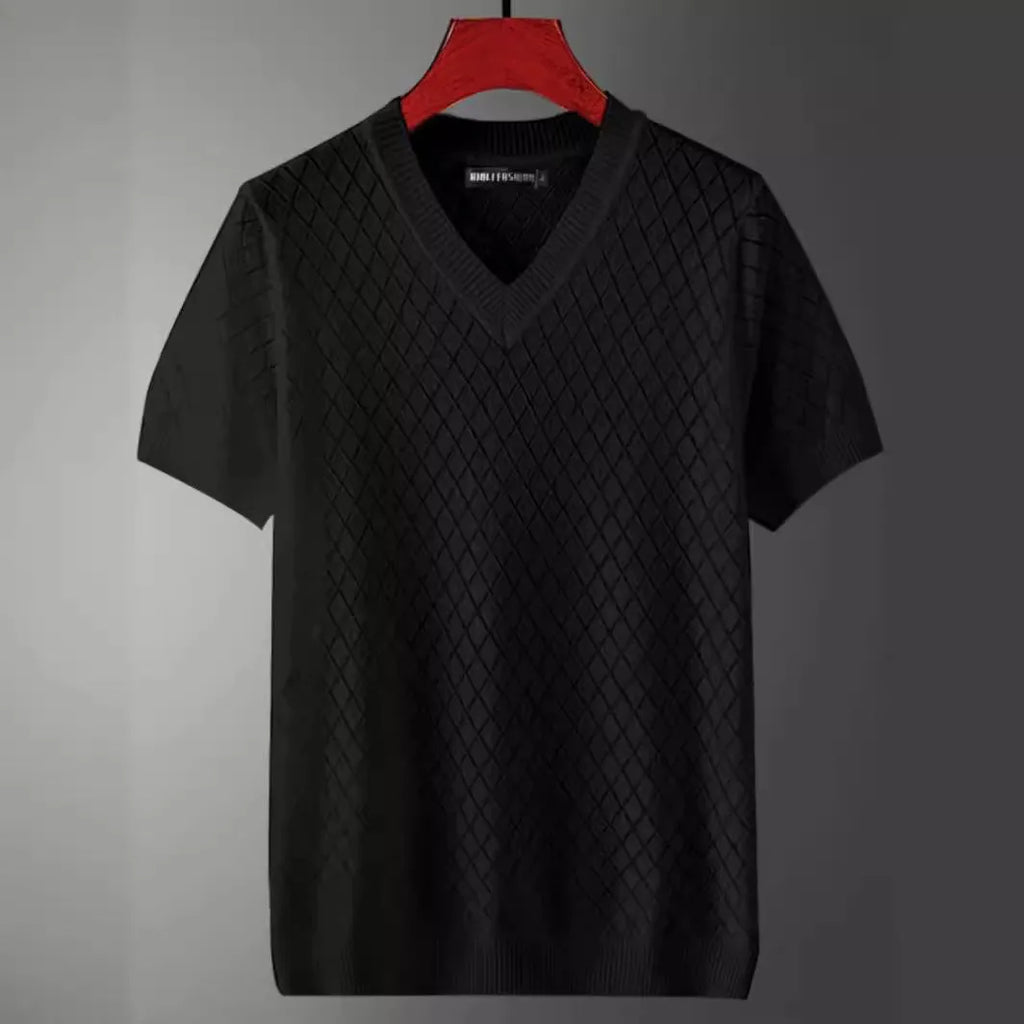 Men's black and white plus size short sleeve T-shirt showing V-neck and round neck styles