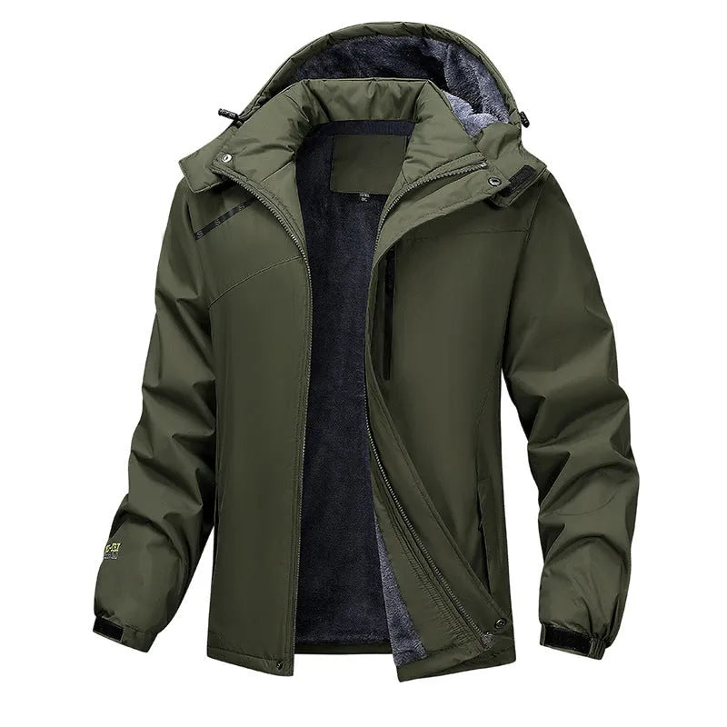 Men's plus size hooded waterproof coat in army green colour showing loose fit design