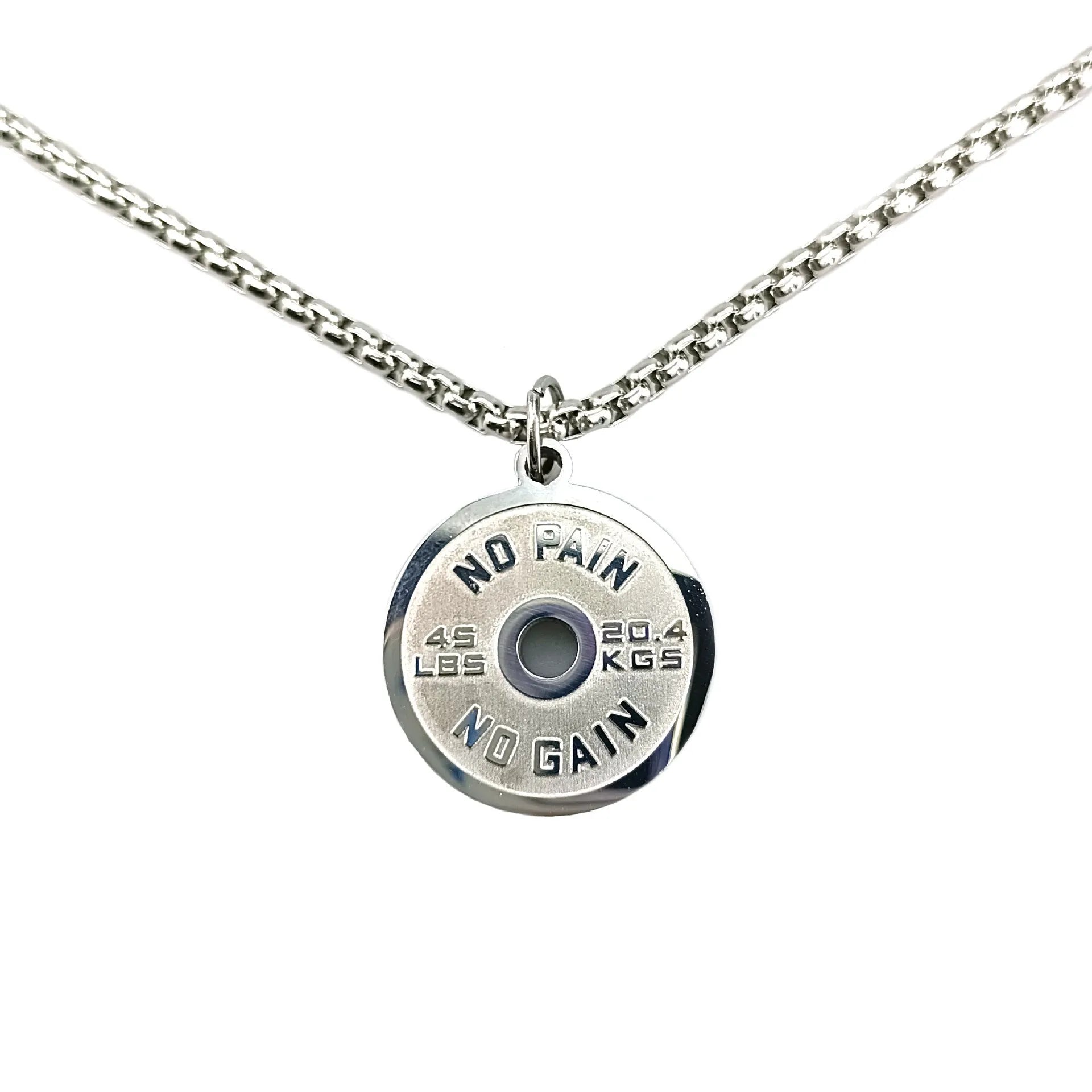 Stainless steel geometric barbell disk pendant on a 60cm black chain necklace.