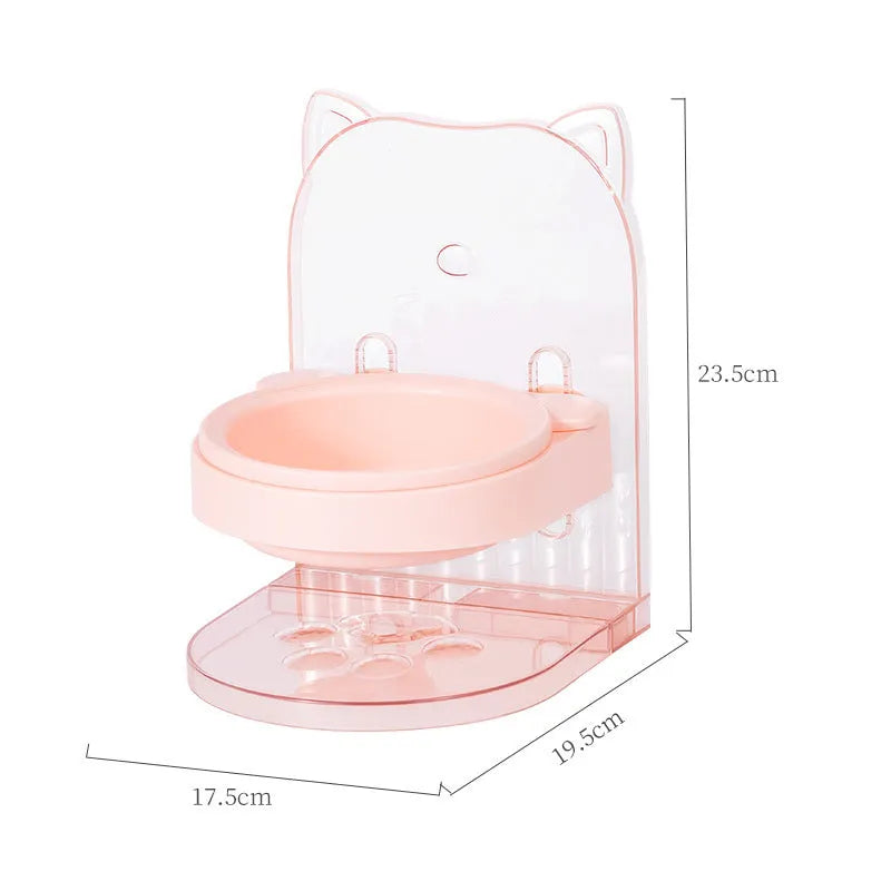 Grey pet bowl with cat ear sides, shown with adjustable height stand and removable cage attachment.