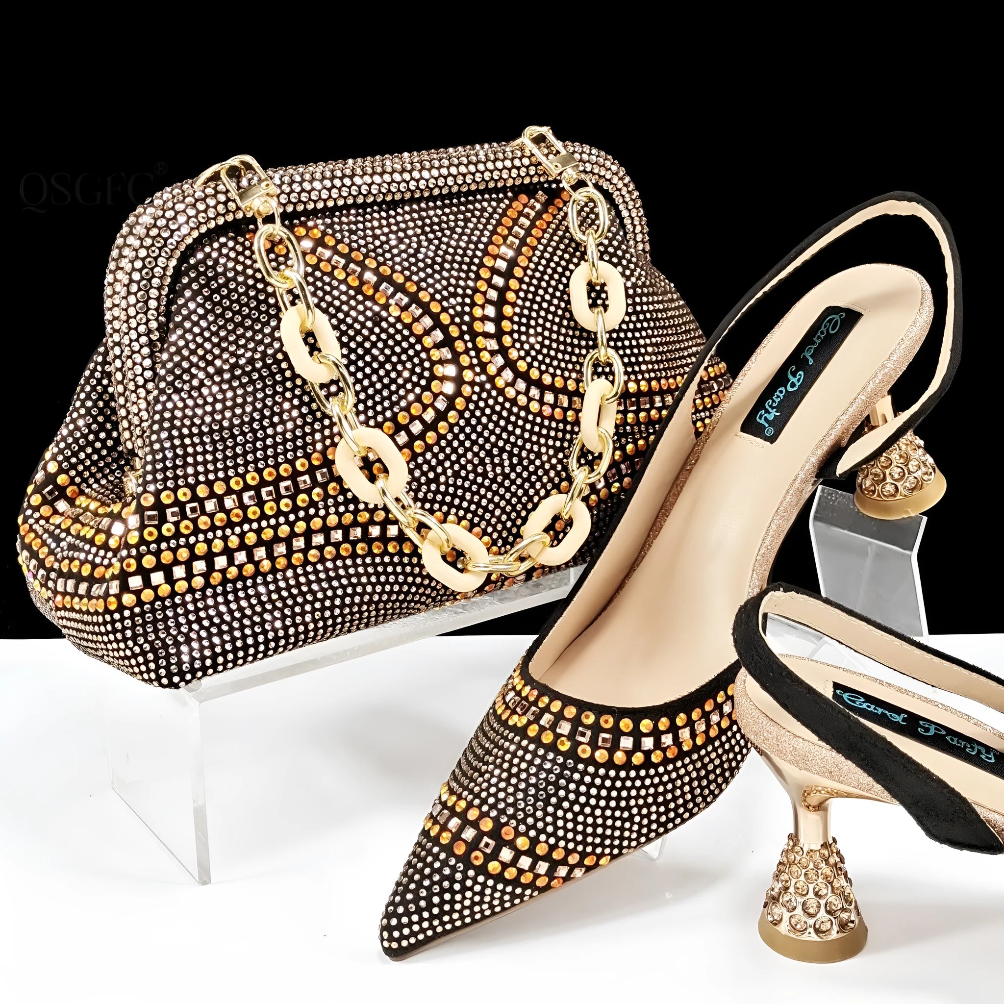 Women's pointed toe high heels with matching small bag, shown in a selected colour with a wine glass heel and rhinestone detail.