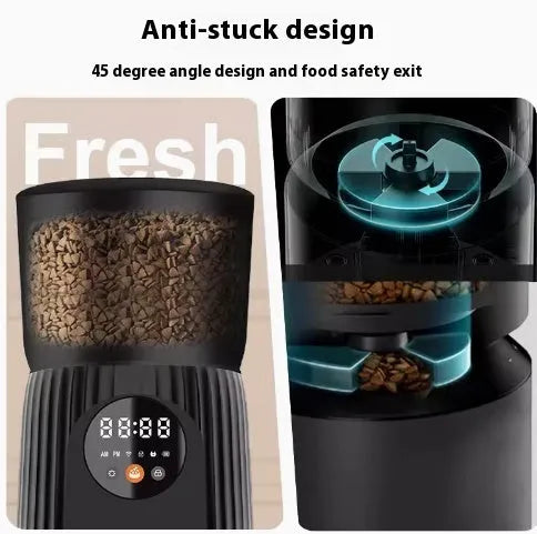 Black and white intelligent pet feeder with automatic timing and remote control functions