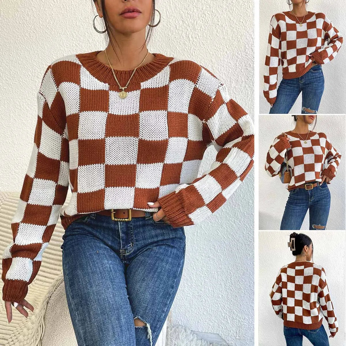 Dark brown plaid acrylic pullover sweater with round neck and long sleeves on hanger