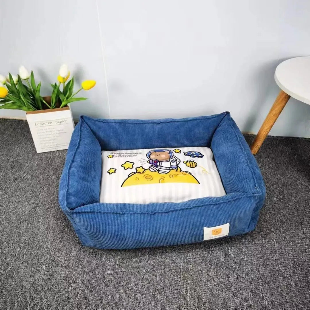 Light blue fine velvet pet nest for dogs and cats with PP cotton filling, shown in 50x40cm size.