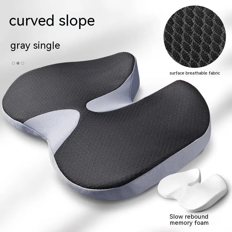 Curved bevel orthopaedic seat cushion for tailbone support in black, grey, brown or beige