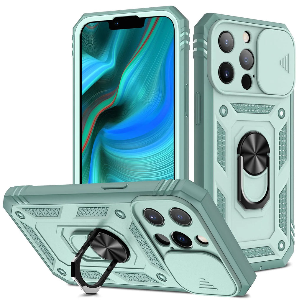 Magnetic sliding window bracket phone case for Apple iPhone in two-tone sapphire blue colour.