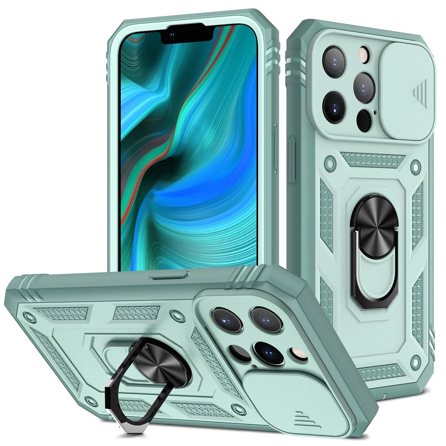 Magnetic sliding window bracket phone case for Apple iPhone in two-tone sapphire blue colour.
