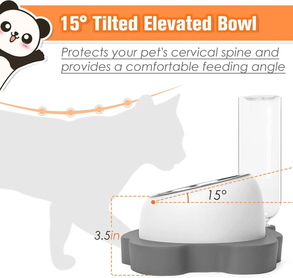 Grey panda-shaped automatic water bowl for cats with tilted feeding design and 17 oz water bottle