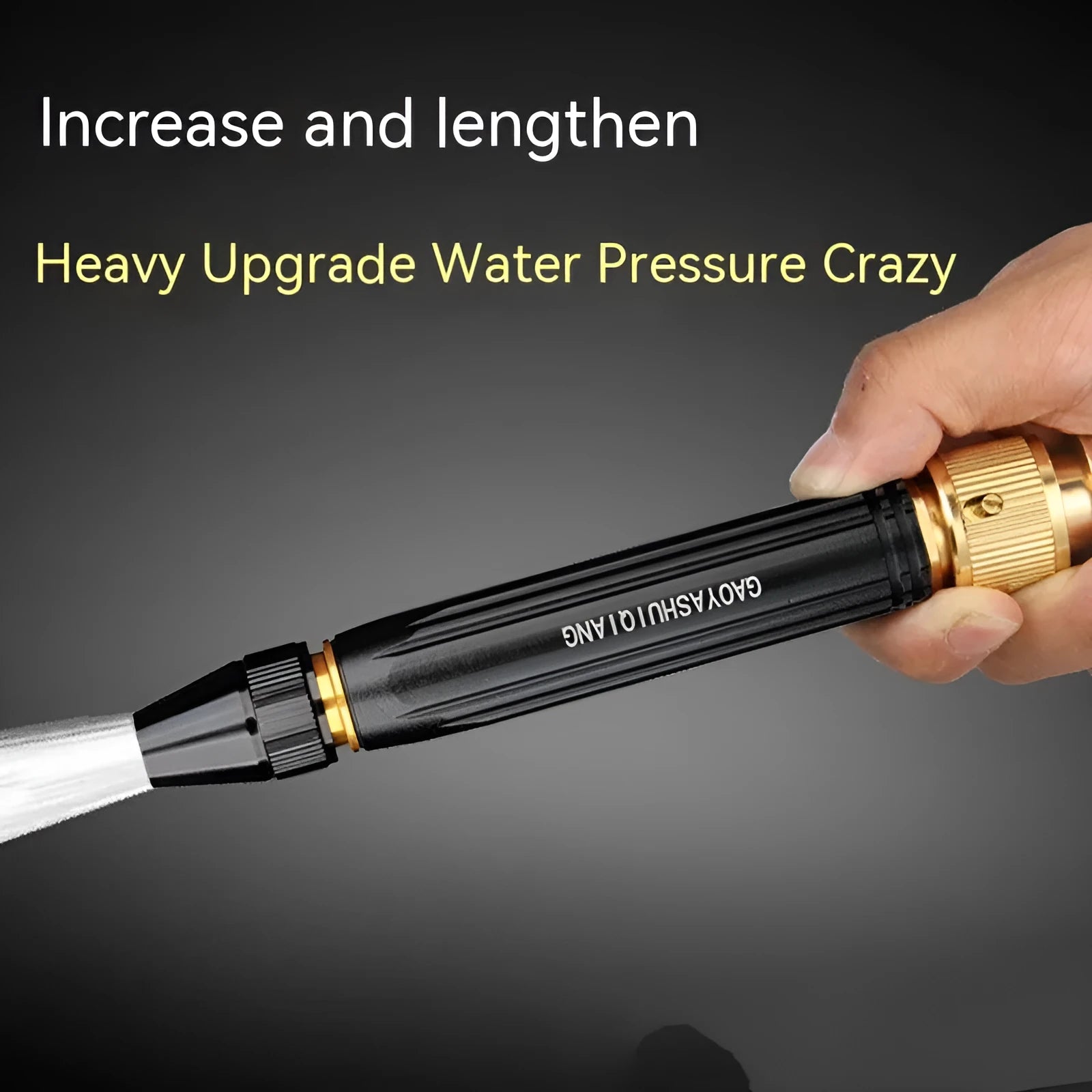 Black car wash gun with straight spray design and alloy body next to a garden hose.
