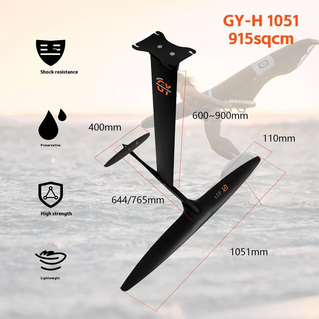 Black carbon fiber racing hydrofoil for surfboards with 1051mm front wing