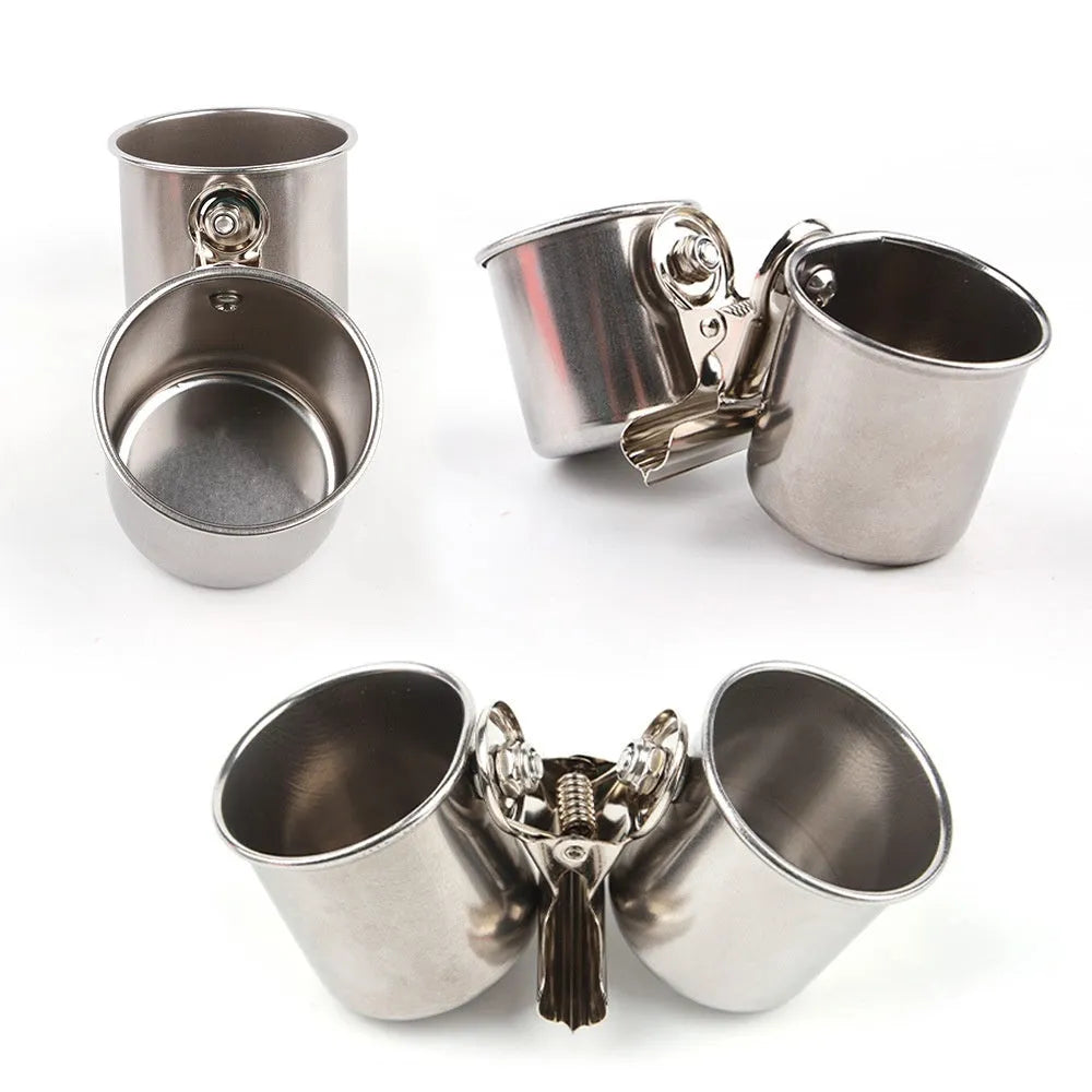 Stainless steel birdcage food container feeder in natural colour for outdoor use.