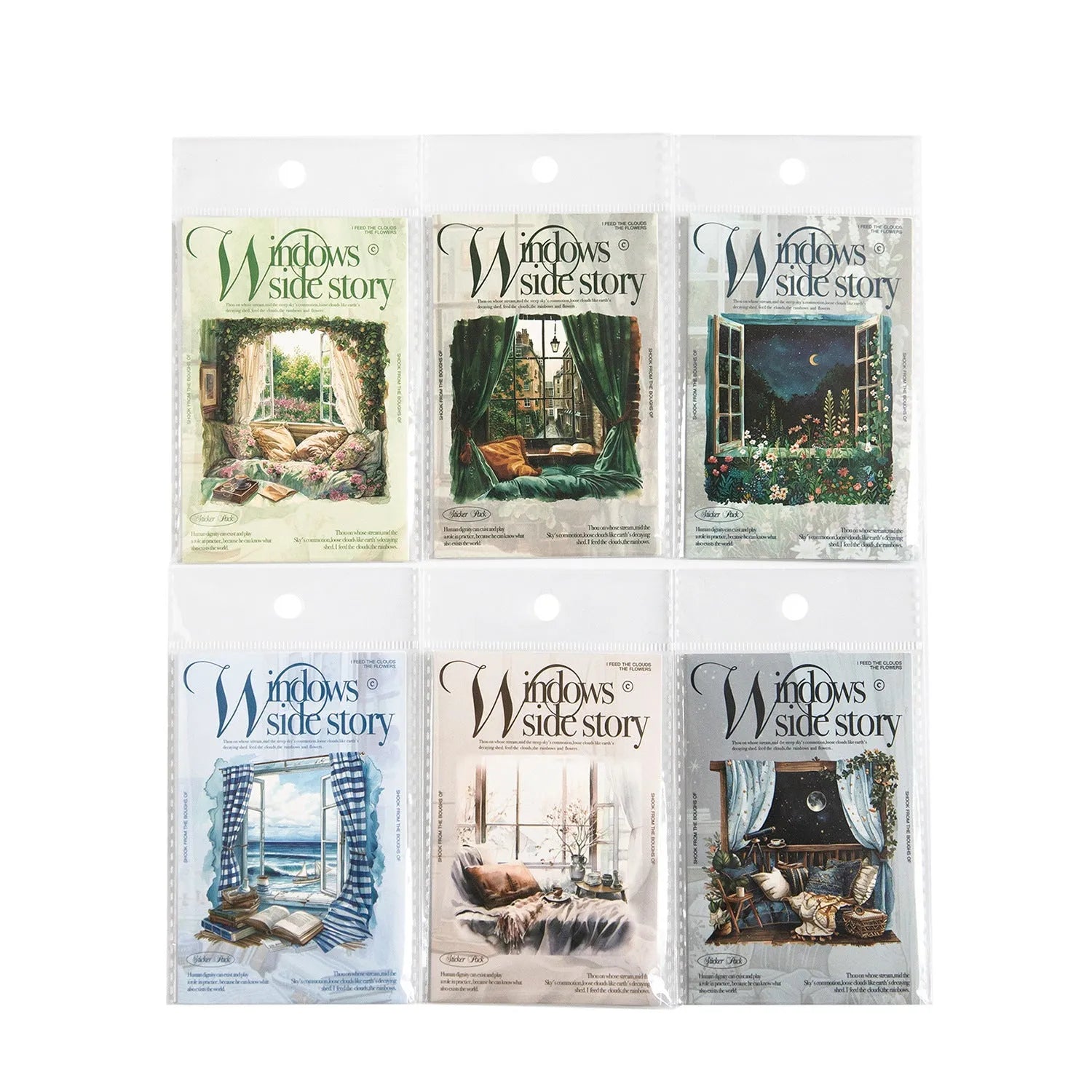 Retro window-themed journal stickers set with six different nature scene designs