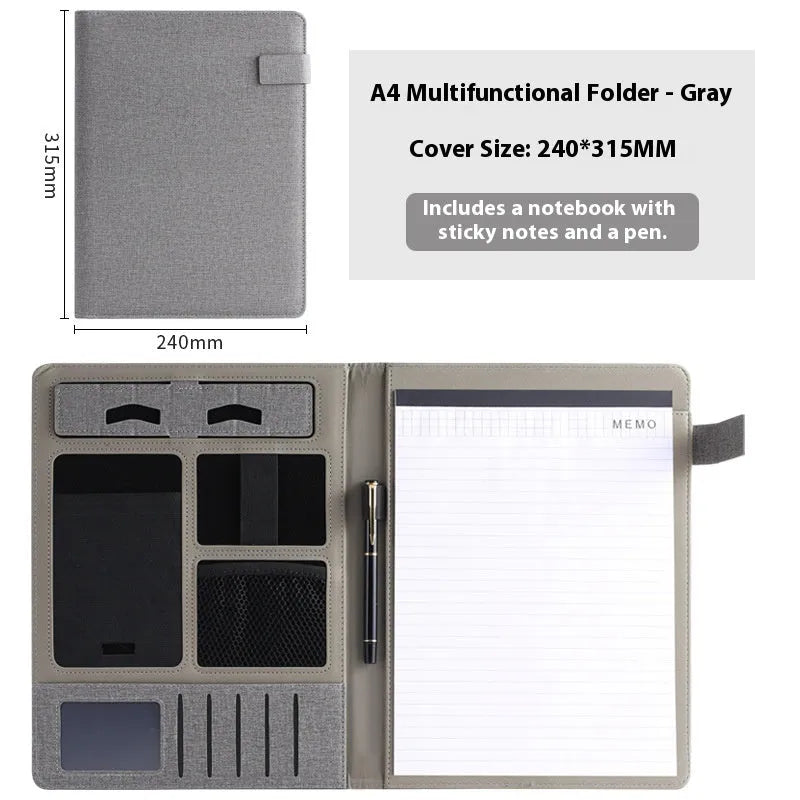 Leather A4 business multifunction folder with notepad and pen holder in black colour
