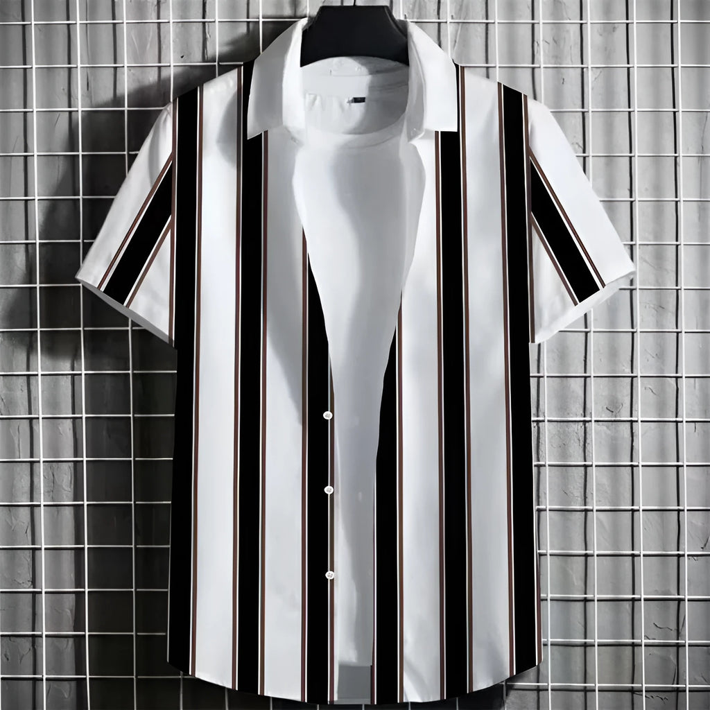 Men's striped linen short sleeve T-shirt with 3D printing, shown in multiple colour options.