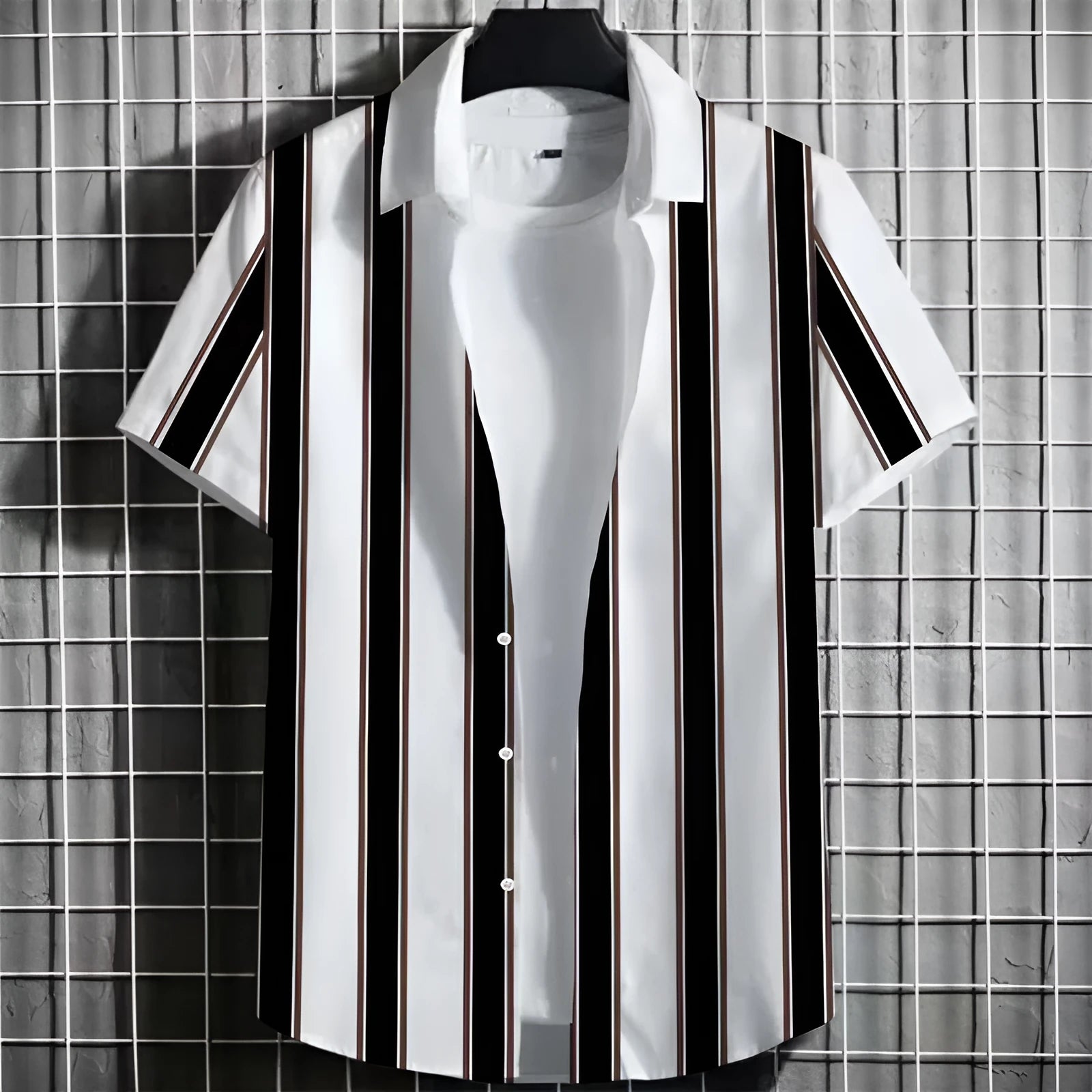 Men's striped linen short sleeve T-shirt with 3D printing, shown in multiple colour options.