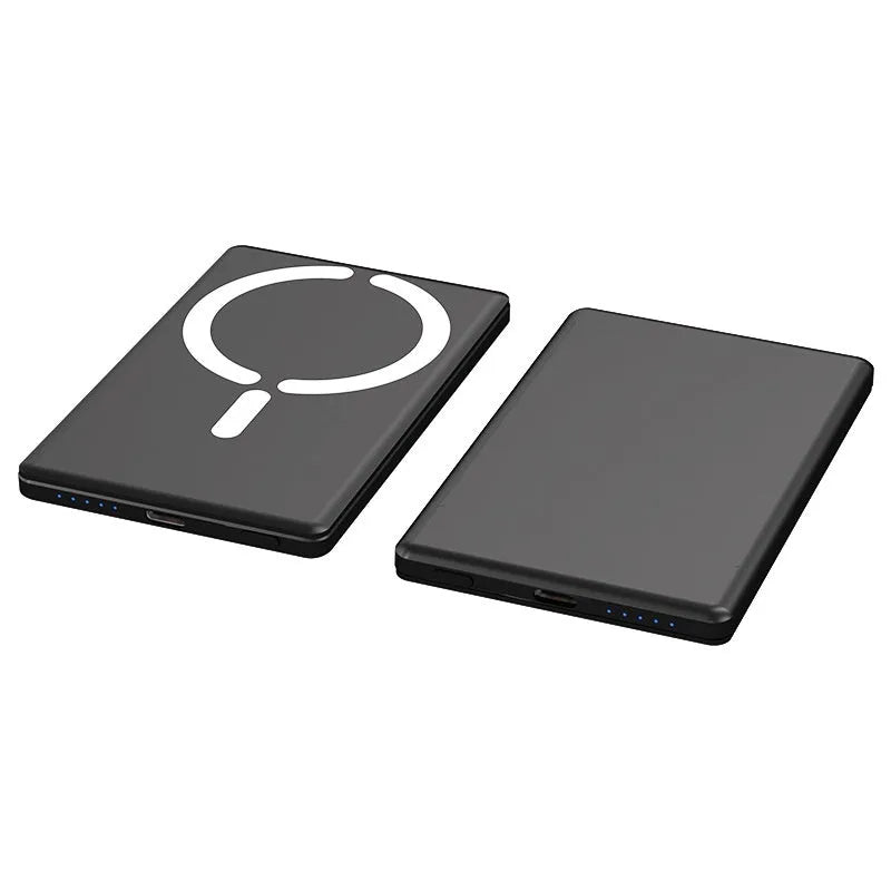 Ultra-thin magnetic power bank measuring 105x66mm in black dark gray silver violet colours
