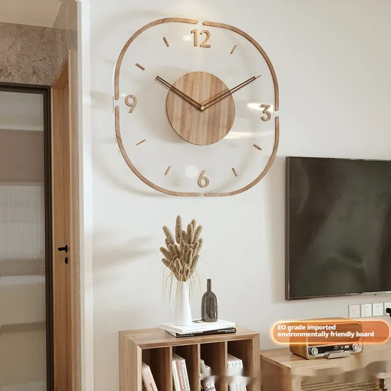 Square transparent wall clock with wooden frame modern design measuring 35cm