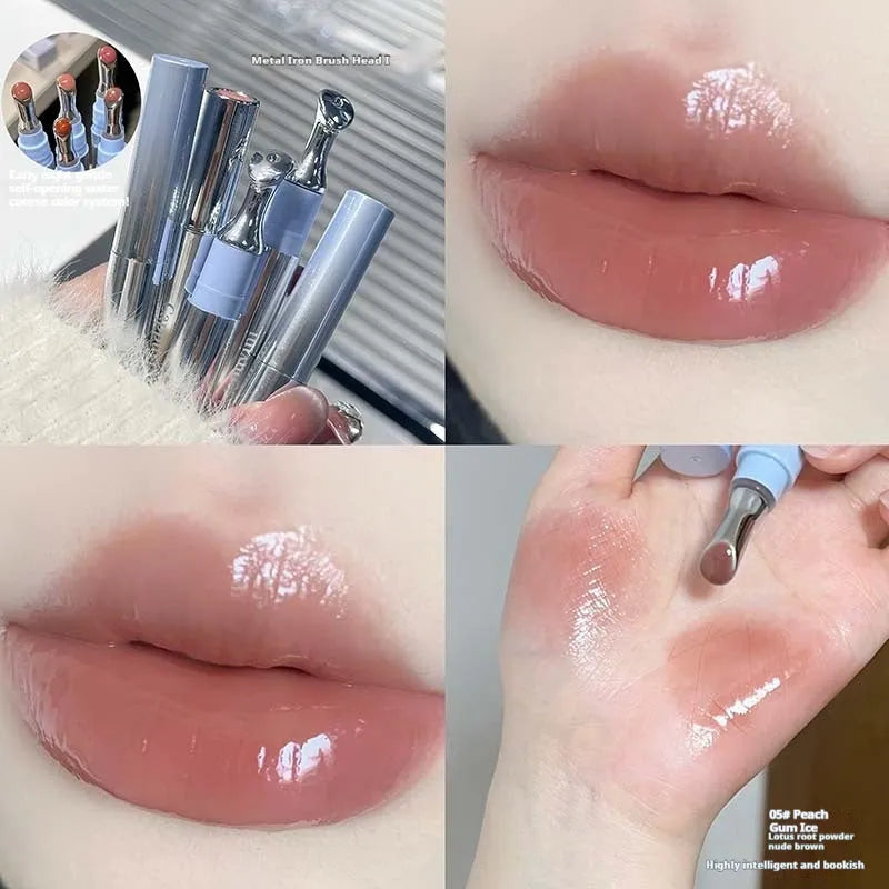 Mirror Water Light Lip Gloss Lipstick in six sheer shade options including Almond Ice and Raspberry Ice.