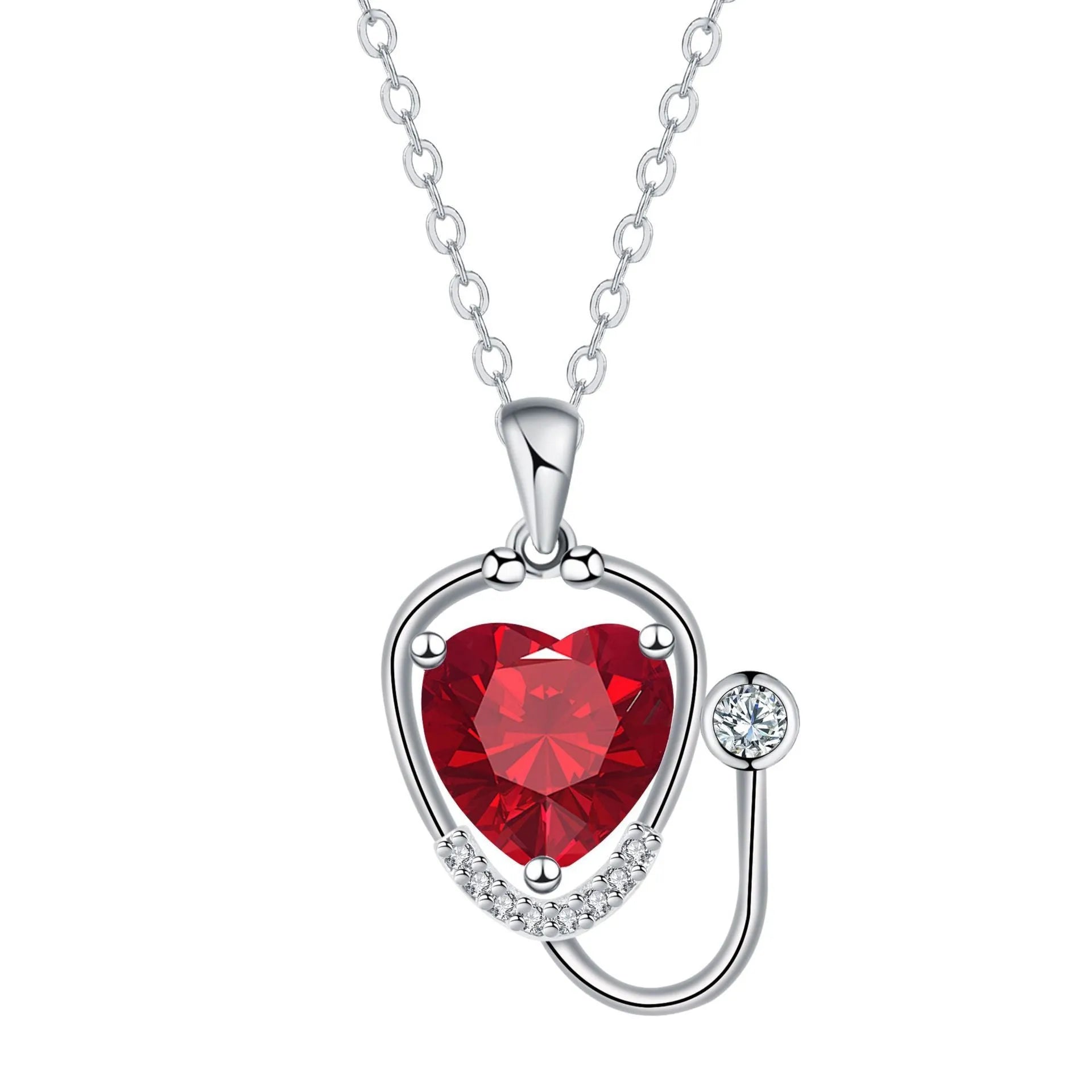Women's red diamond stethoscope necklace with wings and cross motifs on copper chain