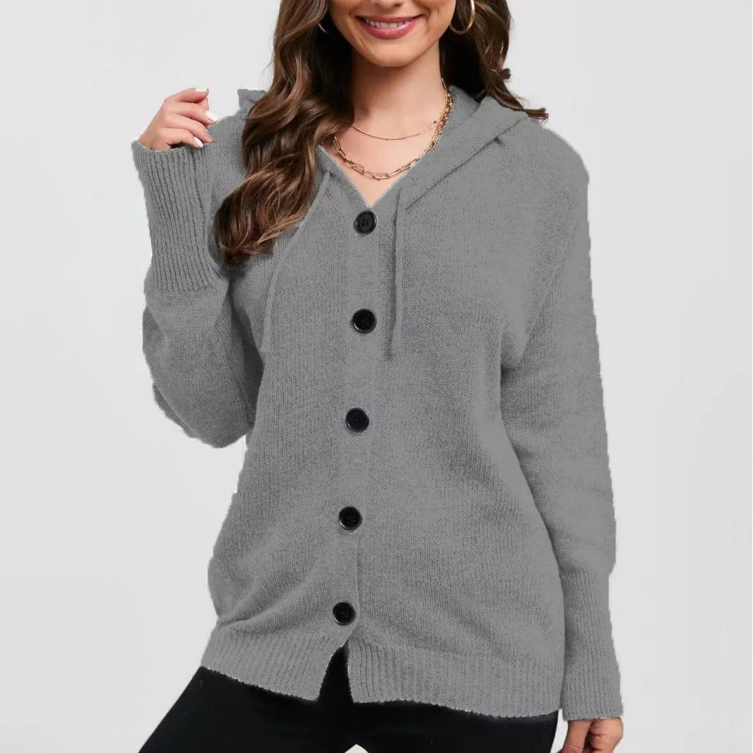 Women's thick cotton hooded cardigan sweater in loose fit, shown in Army Green colour.