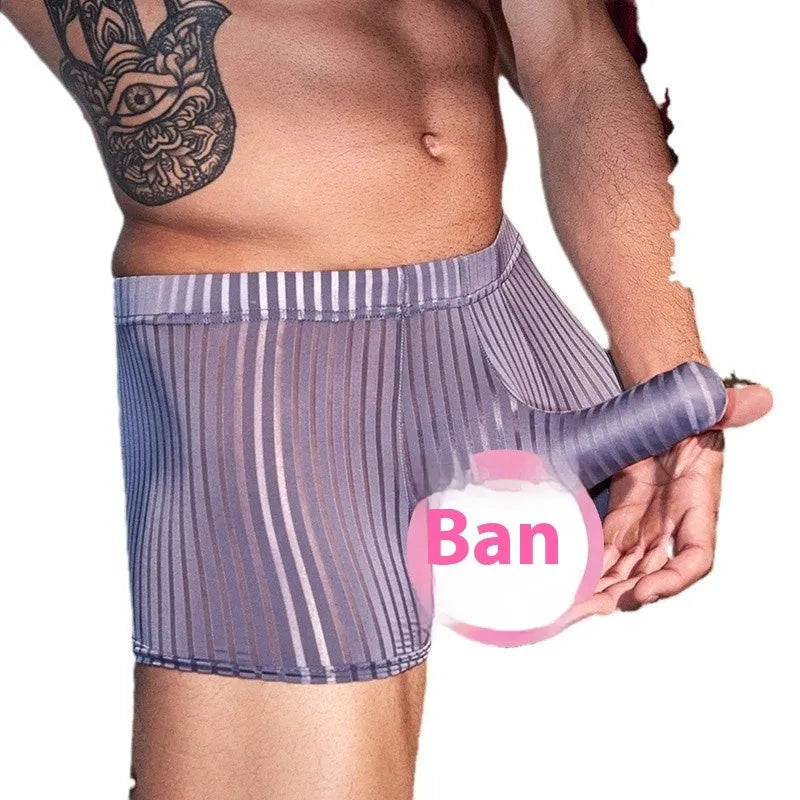 Men's black striped boxer briefs made from elastic nylon fabric.