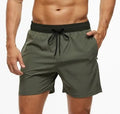Men's blue running shorts with stitching waistband, zipper pocket, and drawstring for fitness activities