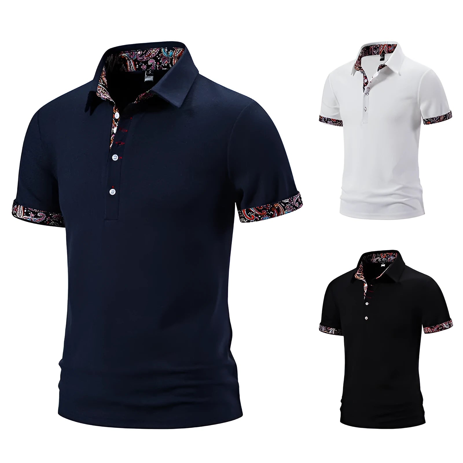 Men's short sleeve polo shirt in cotton blend fabric, showing turnover neck with colour stitching detail.