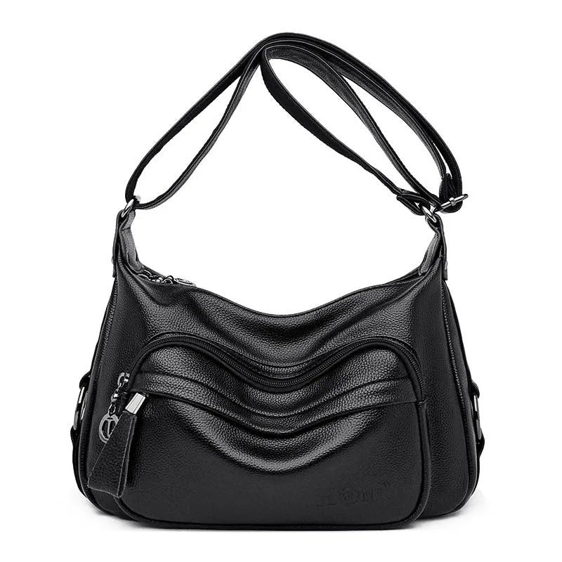 Large blue or black horizontal square women's PU shoulder bag with a zipper and soft handle.