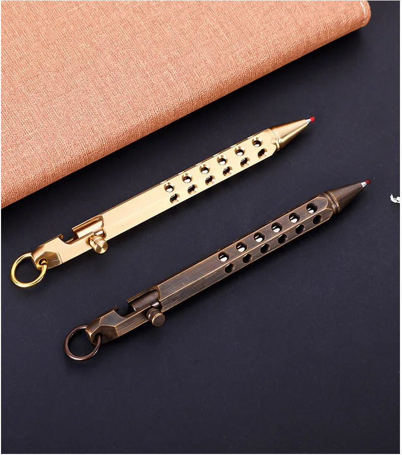 Retro brass hexagonal bolt pen with six-angle barrel design showing 13cm length and brass construction