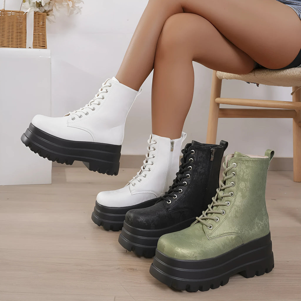 Women's white retro platform ankle boots with patchwork design and side zipper.