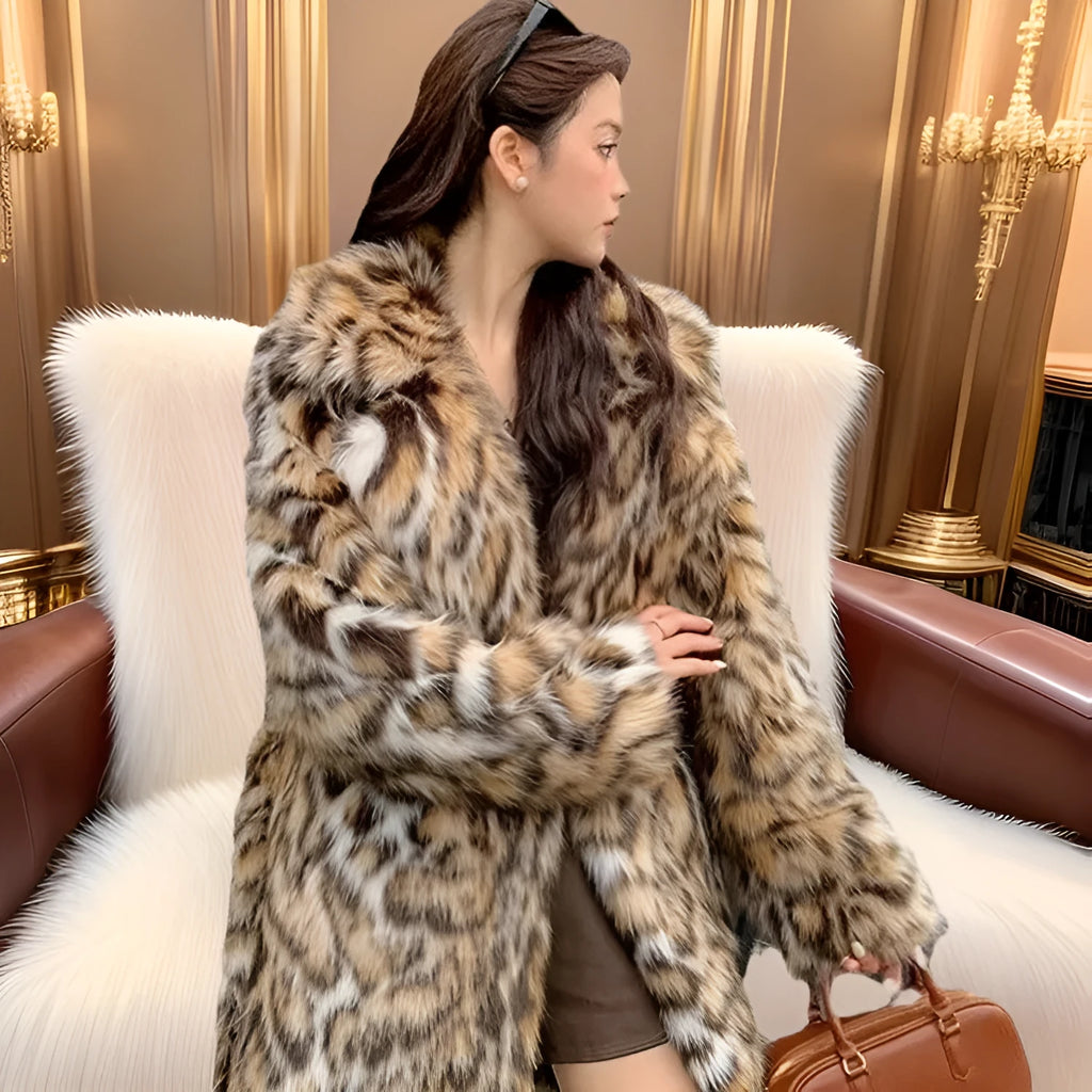 Street fashion faux fur coat with a faux fur collar, shown in mid-length and long styles.