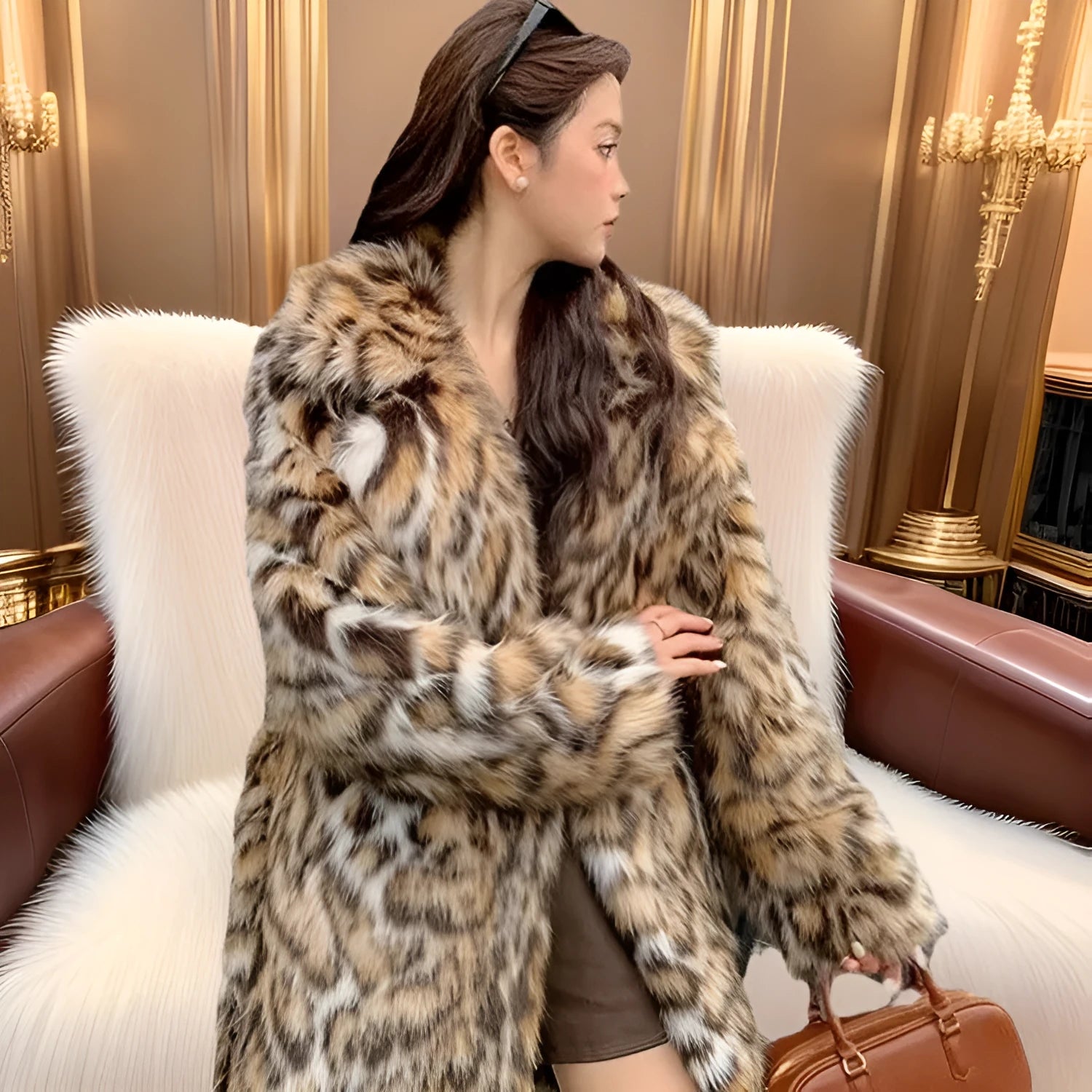 Street fashion faux fur coat with a faux fur collar, shown in mid-length and long styles.