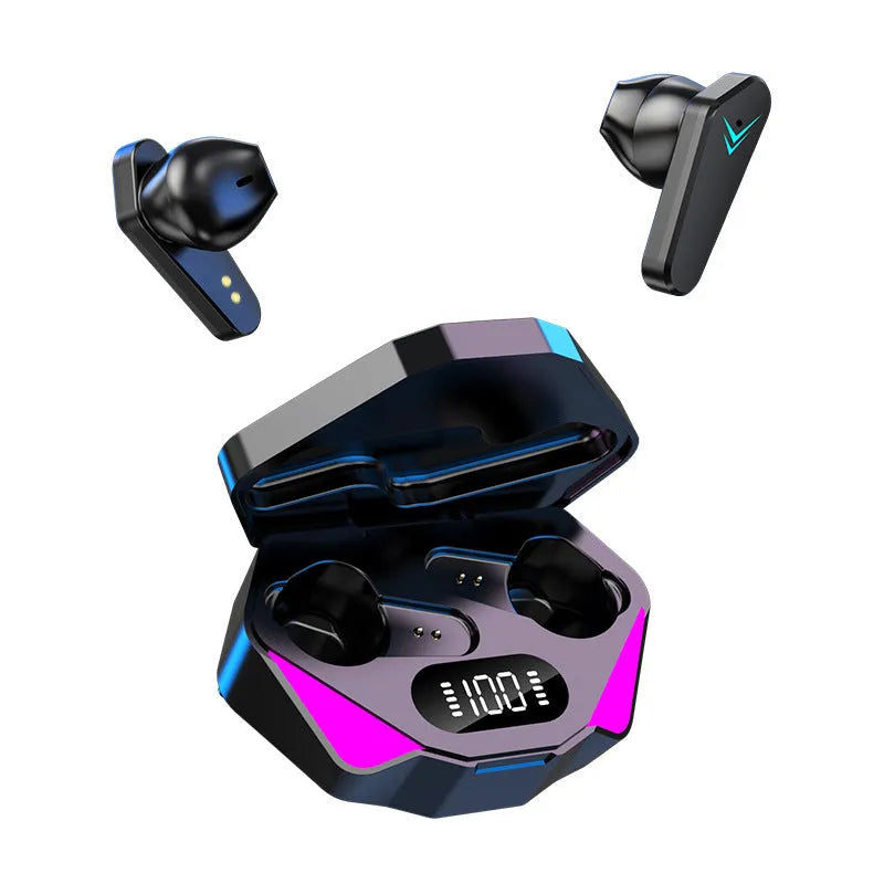 Black X15 wireless Bluetooth in-ear gaming headphones with charging case on a grey background.