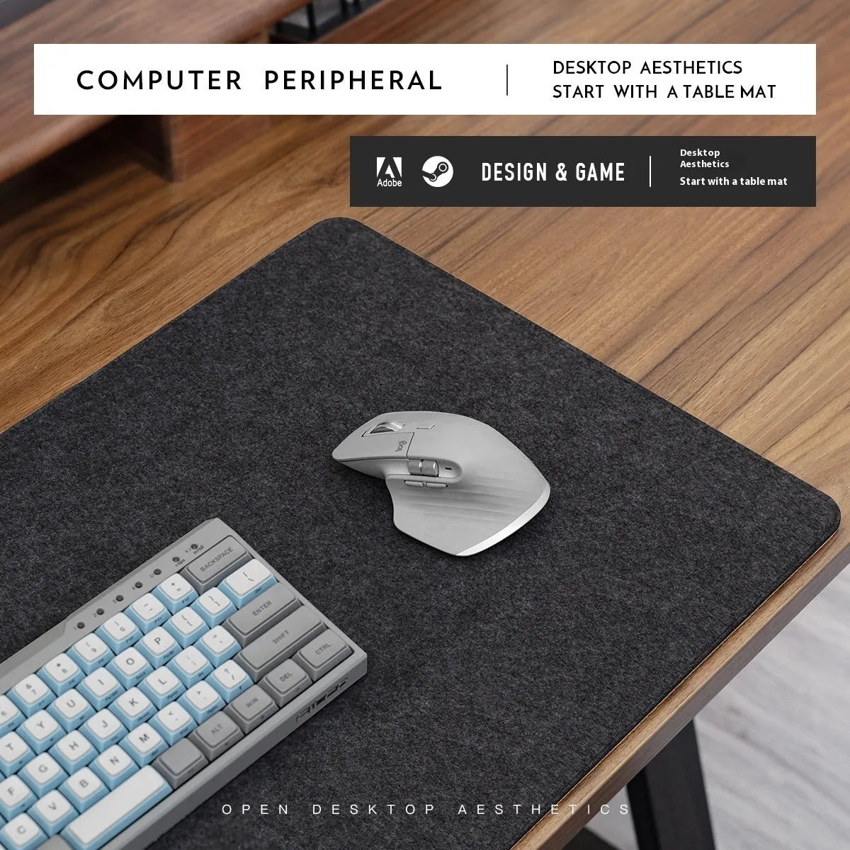 Oversized grey felt cork desk mat with non-slip backing shown on office desk