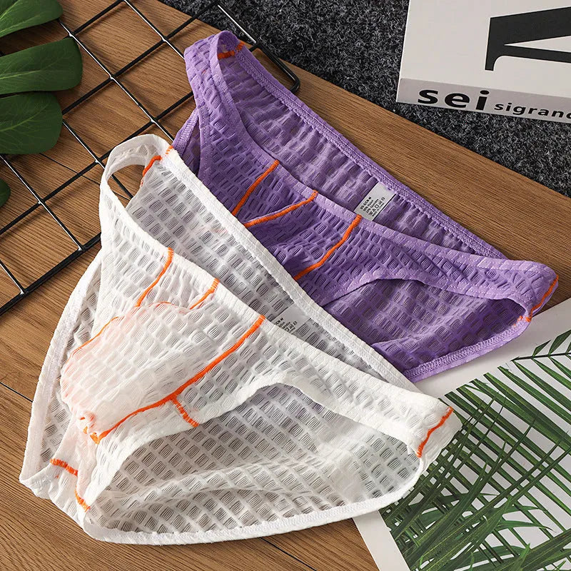Men's low-waist ice silk lace briefs in white, black, green, red, and purple colours.