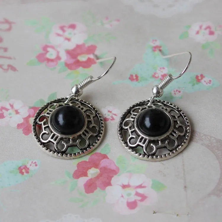 Handmade Miao silver turquoise earrings with geometric flower disk design and ethnic patterns in choice of colours