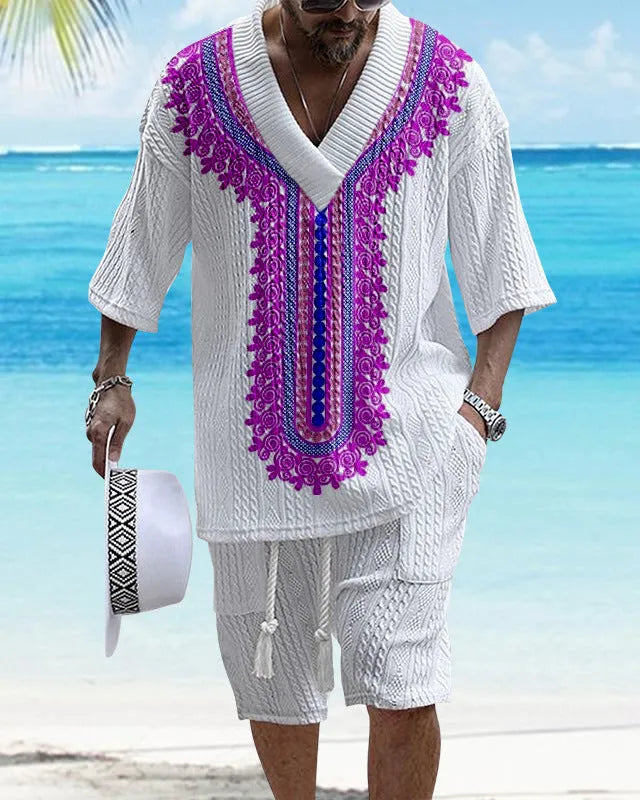 Men's casual knitted shorts suit set with short sleeves and drop-shoulder design