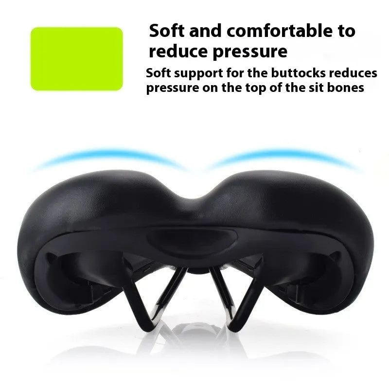 Black PU leather bicycle seat cushion with a hollow centre design on a bike saddle.