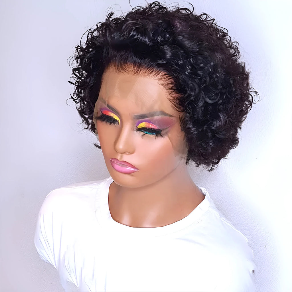 Ladies human hair wig with black lace front hair cover showing natural styling